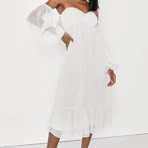 🤍 NWT! Lulus - White Off-the-Shoulder Tie-Back Midi Dress 🤍 For a good cause!